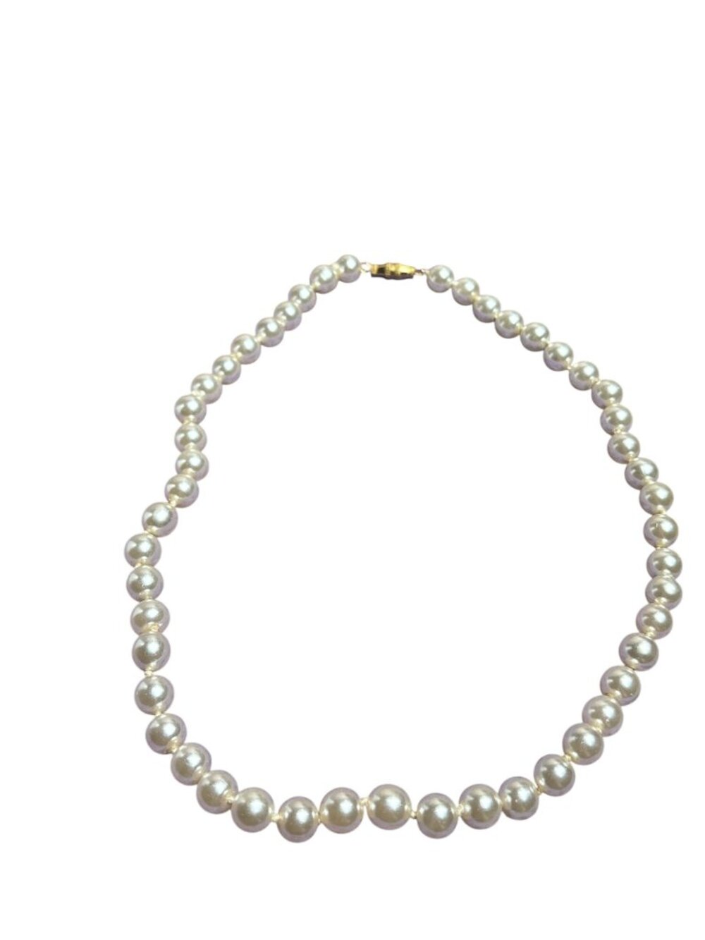 Vintage Knotted Glass Faux Pearl Beaded Necklace Goldtone Barrel Clasp 17 inches